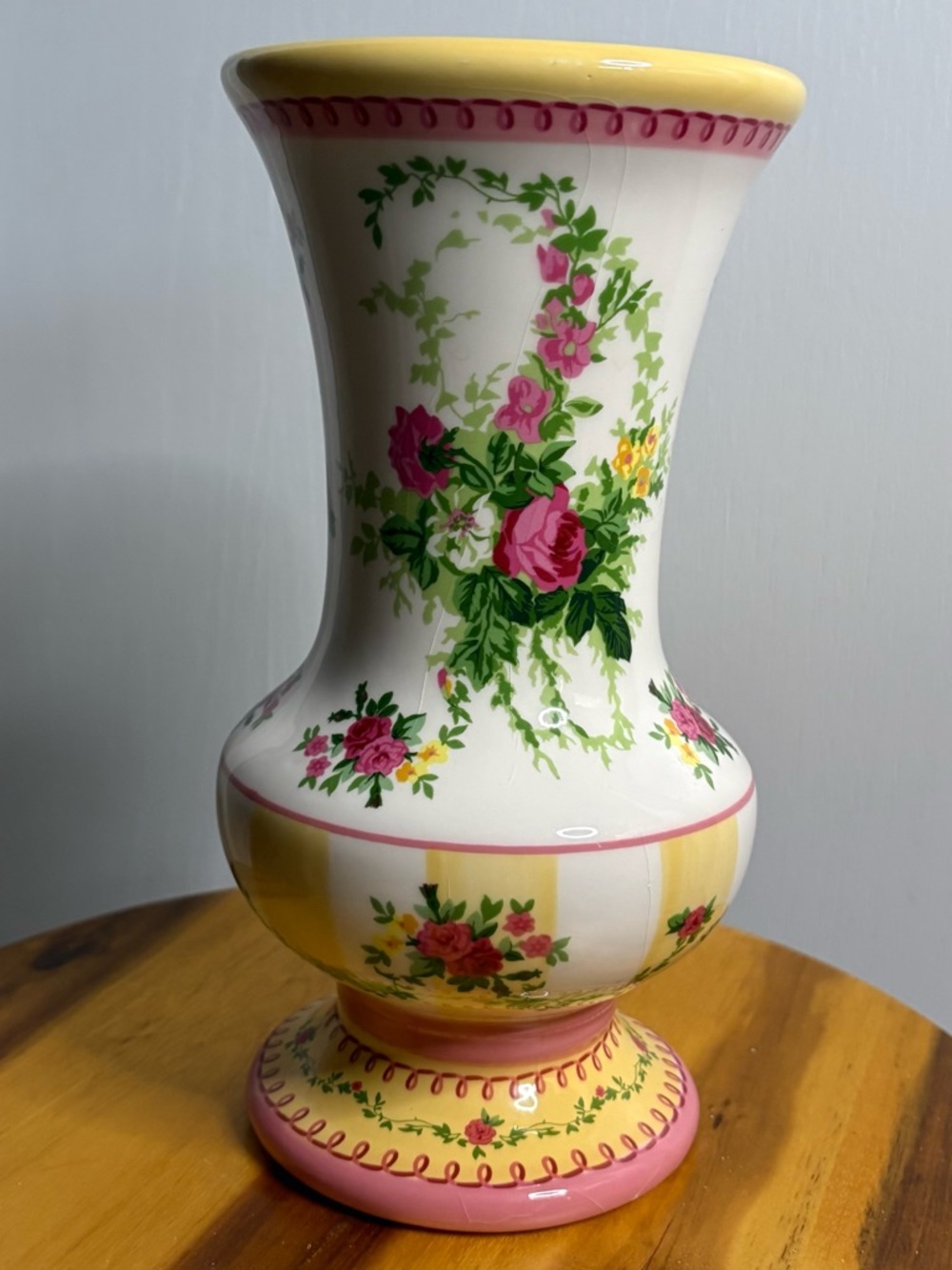 Vintage Laura Ashley Floral Ceramic Decorative Vase in Yellow, Pink and White 9”